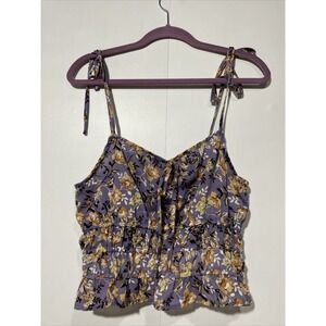 Floral Smocked Cropped Tank Womens Large purple ruched Tie Strap Cottage Top